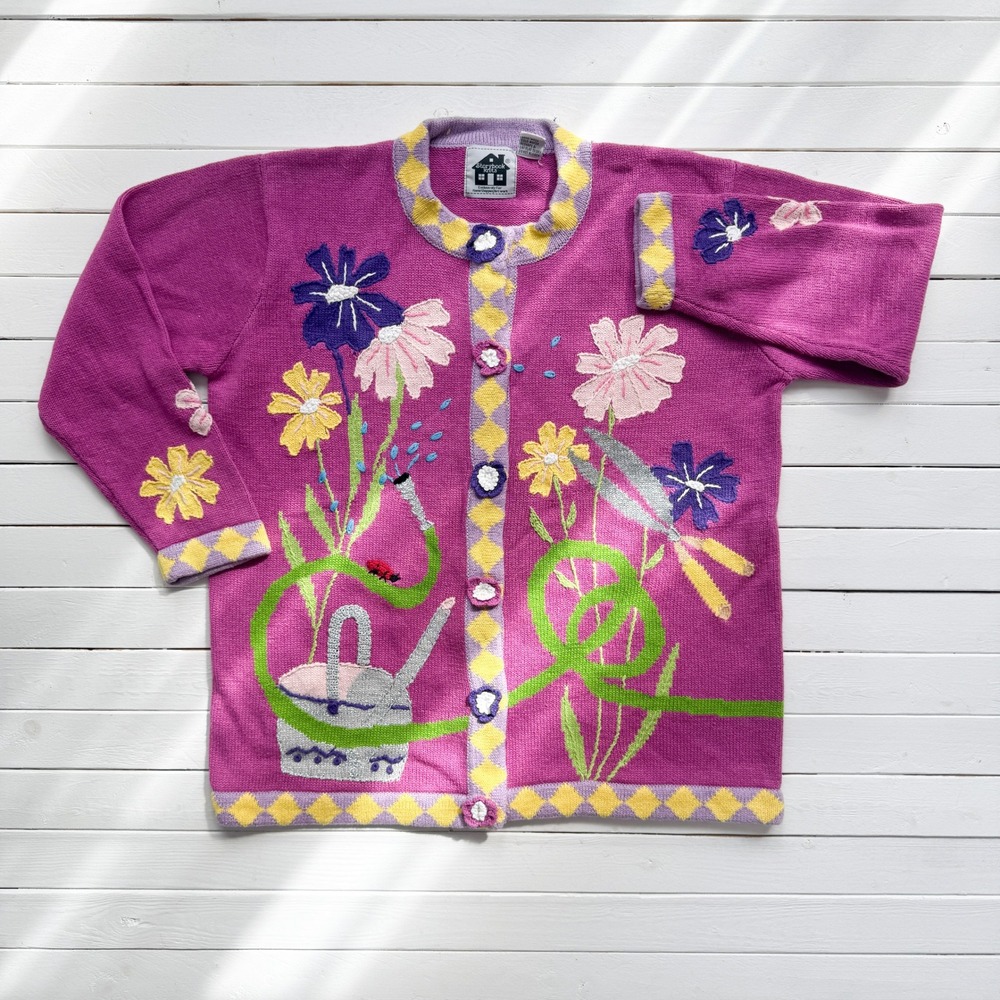 vtg Storybook Knits embroidered pink garden gardening cardigan sweater